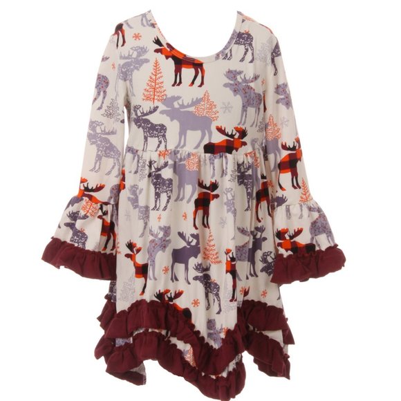 Little Girl Toddler Ruffles Reindeer Christmas Tree Holiday Party Girl Dress 2-8 - Picture 1 of 5